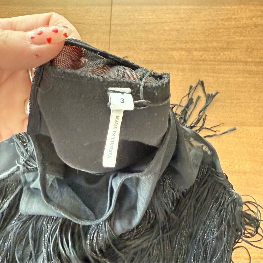 Sandro Paris | Women’s Black Deep V-Neck Mesh & Tassels Fringe Sleeveless Dress - Picture 10 of 14